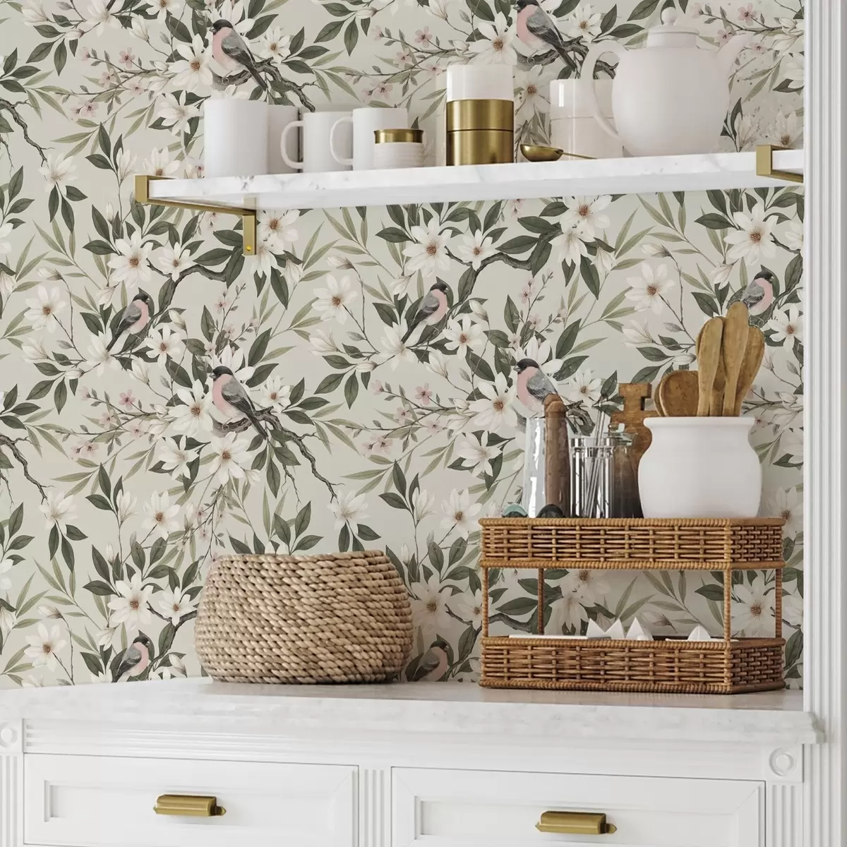 Wallpaper Cinte cu piept alb pe ramuri cu flori crem a00889