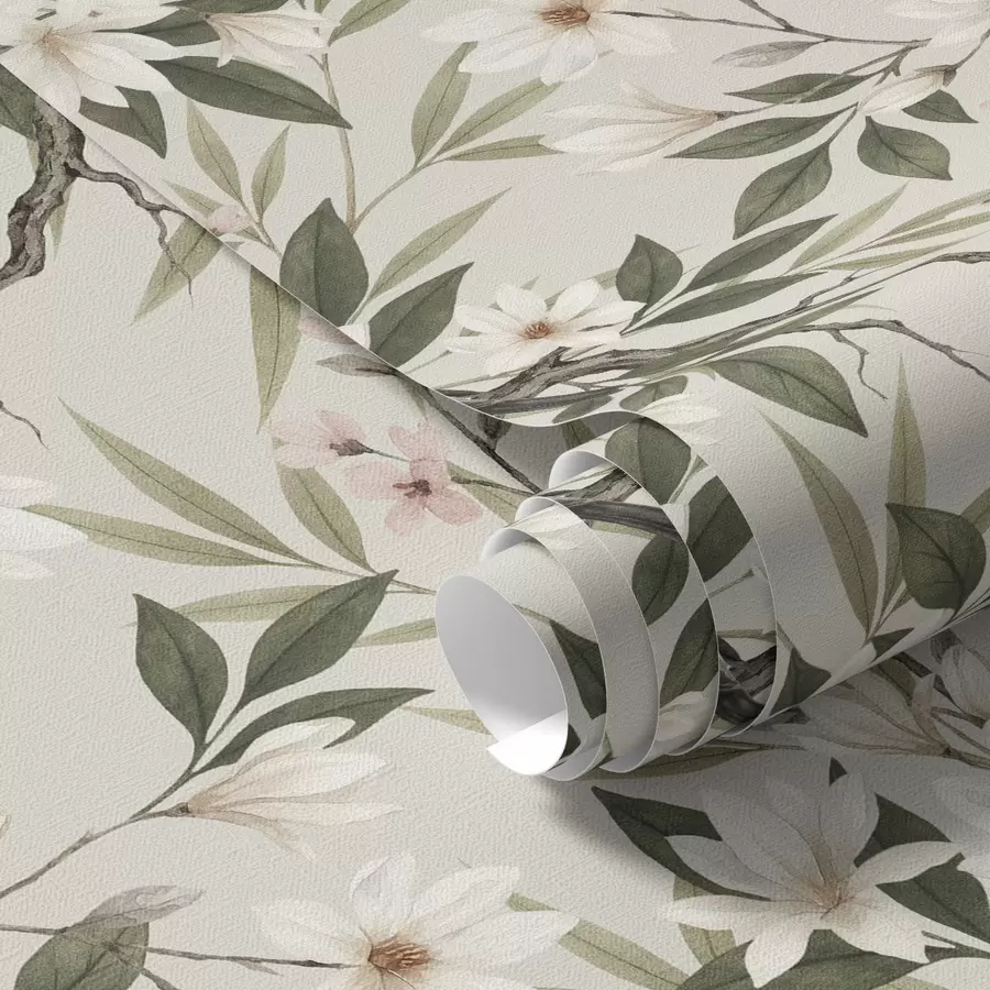 fototapet Cinte cu piept alb pe ramuri cu flori crem a00889