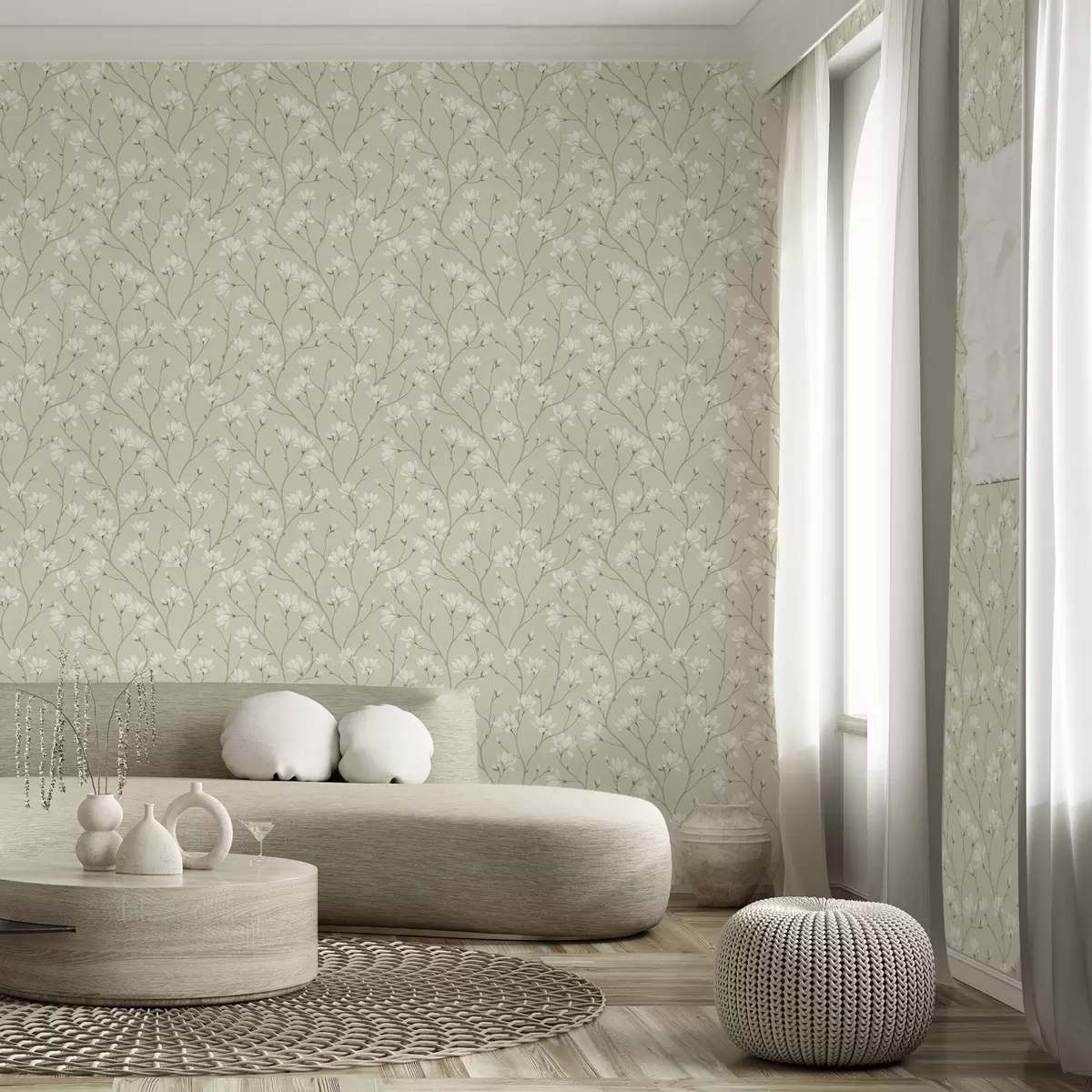 Wallpaper Magnolii ușoare pe ramuri subțiri de culoare bej a00890