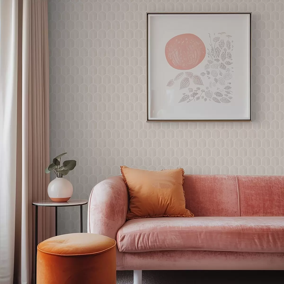 Wallpaper Rând de forme arcuite în dungi bej deschis, stil retro a00923