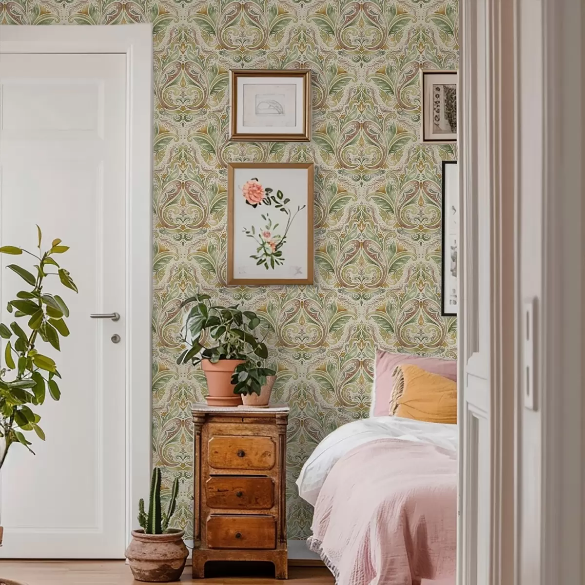 Wallpaper Vârtejuri de frunze în acuarelă, în tonuri de verde și ocru cald a00927