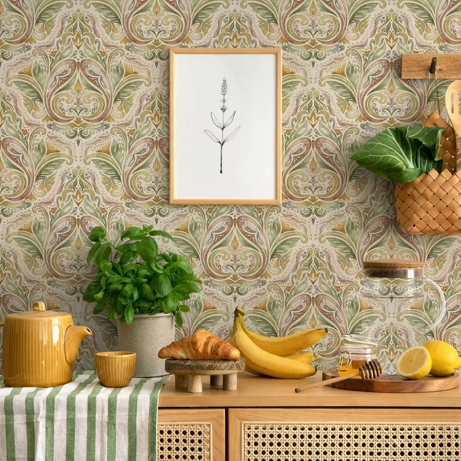 fototapet Vârtejuri de frunze în acuarelă, în tonuri de verde și ocru cald a00927