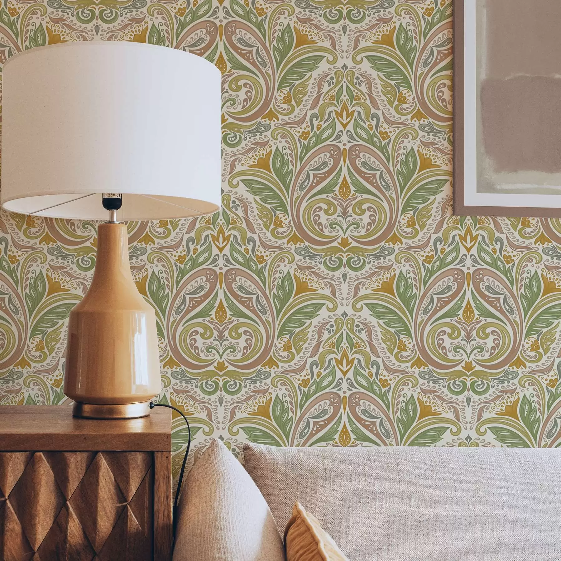 fototapet Ornamente cu frunze în spirală în tonuri de verde și teracotă a00927v1