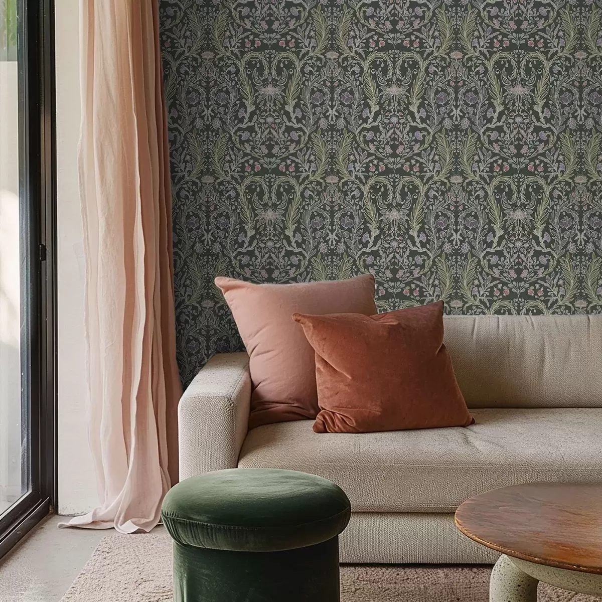 Wallpaper Ornament floral simetric pe fond verde închis a00928