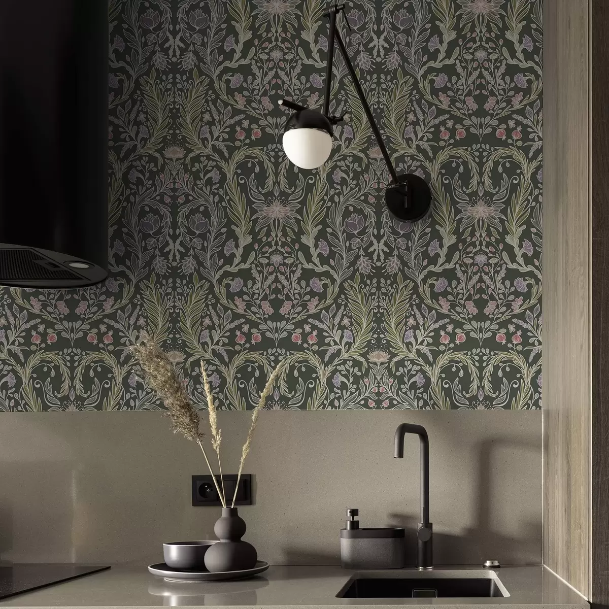 Wallpaper Ornament floral simetric pe fond verde închis a00928