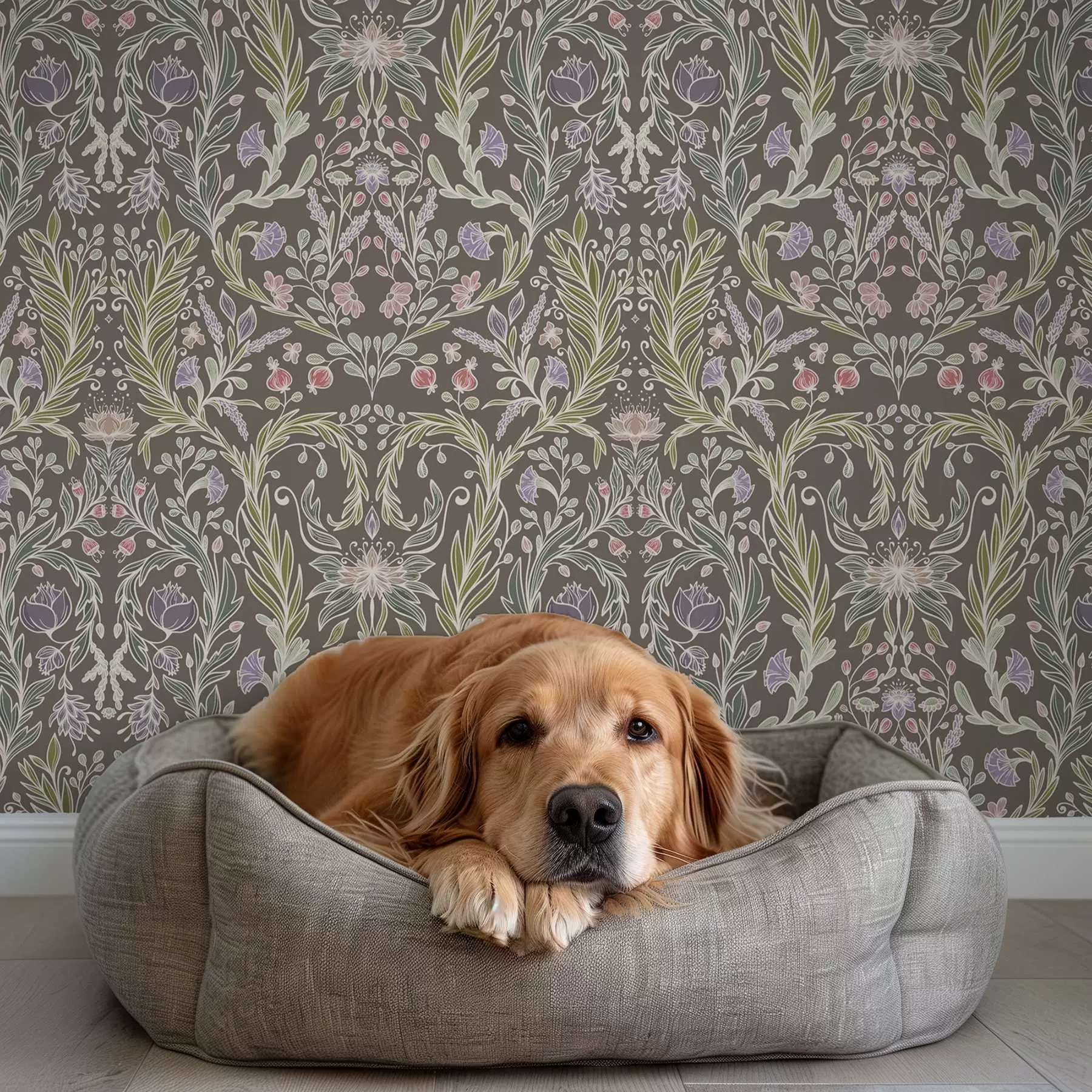 fototapet Flori și frunze simetrice pe un fundal gri-maroniu a00928v2