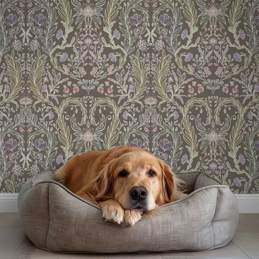 fototapet Flori și frunze simetrice pe un fundal gri-maroniu a00928v2