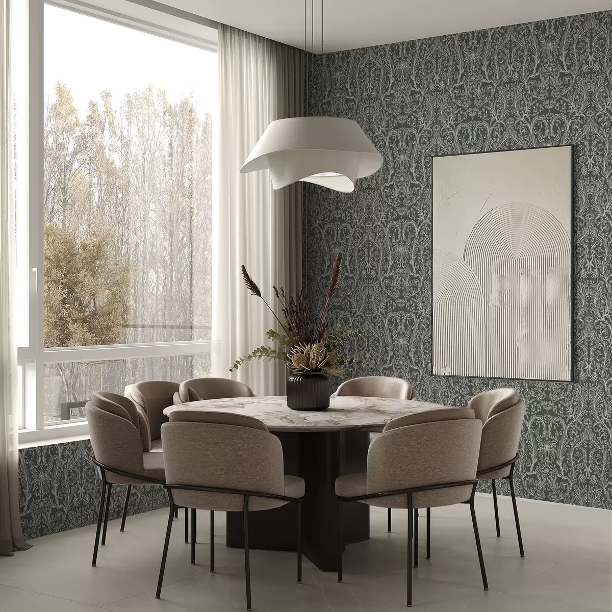 Wallpaper Model floral liniar pe fond verde închis a00929