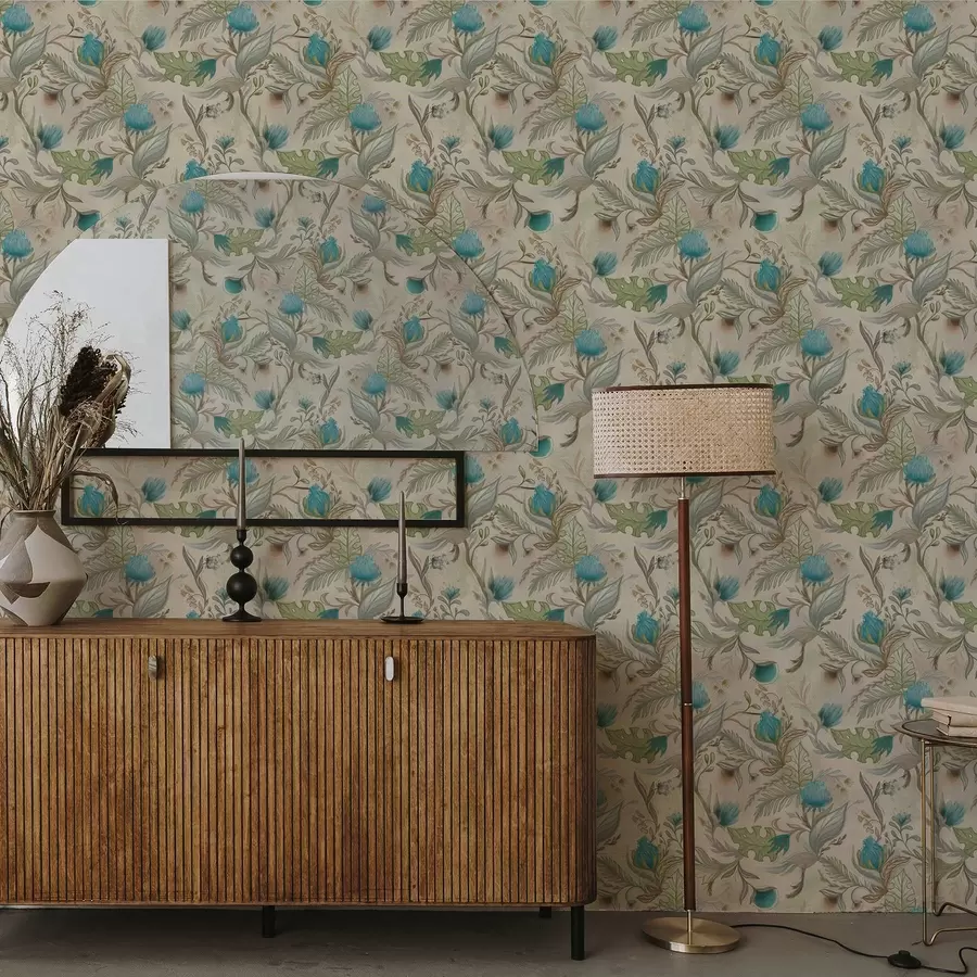 fototapet Muguri și frunze albastre pe un fundal bej deschis a00930