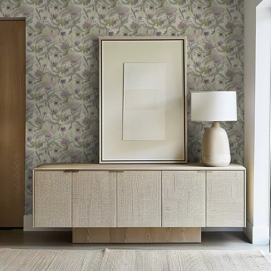 fototapet Muguri de liliac și verdeață delicată pe fond crem a00930v2