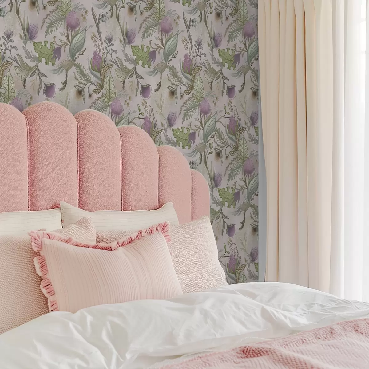 Wallpaper Flori sălbatice de liliac și frunze pe un fundal pudrat a00930v3