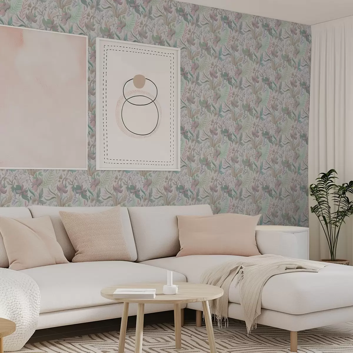 Wallpaper Flori și frunze delicate în culori pastelate pe un fundal deschis a00931