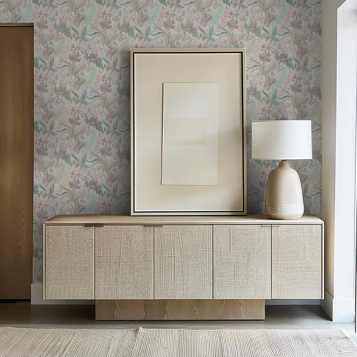 Wallpaper Flori și frunze delicate în culori pastelate pe un fundal deschis a00931