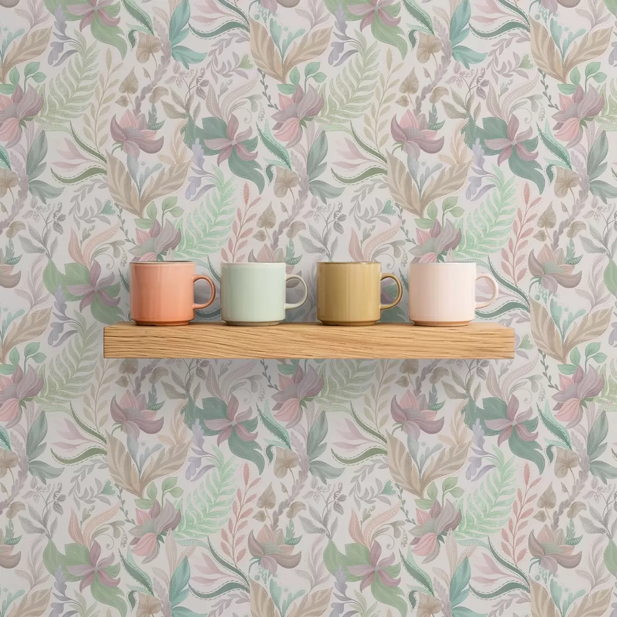 Wallpaper Flori și frunze delicate în culori pastelate pe un fundal deschis a00931