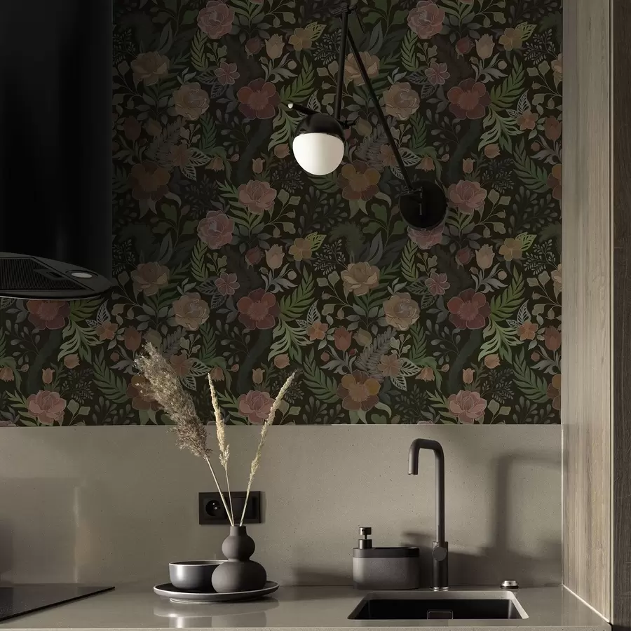 fototapet Flori bogate și verdeață pe un fundal întunecat intens a00932