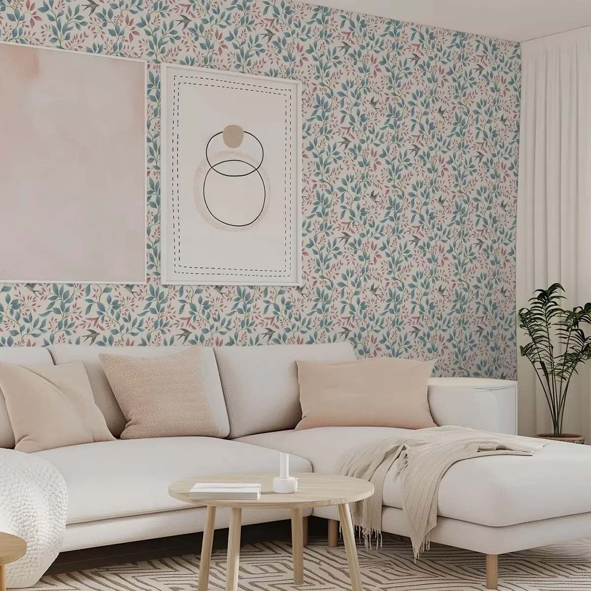 Wallpaper Ramuri albastre și roz cu păsări pe un fundal crem a00933