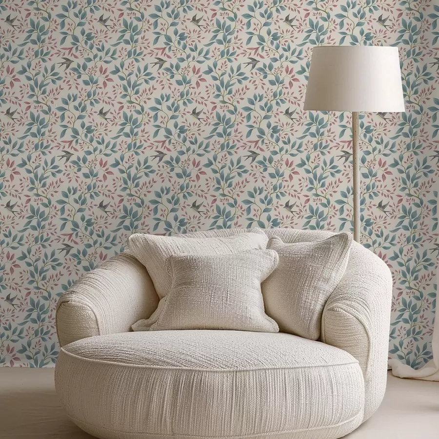 fototapet Ramuri albastre și roz cu păsări pe un fundal crem a00933