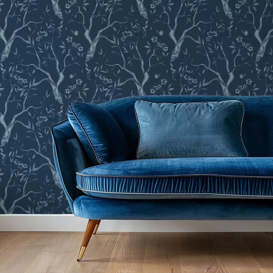 fototapet Ramuri cu flori albastre și fluturi pe un fundal întunecat a00951v1