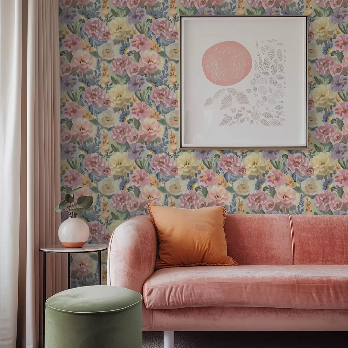 Wallpaper Flori pictate cu pensula în culori pastelate, paletă de culori delicate a00954