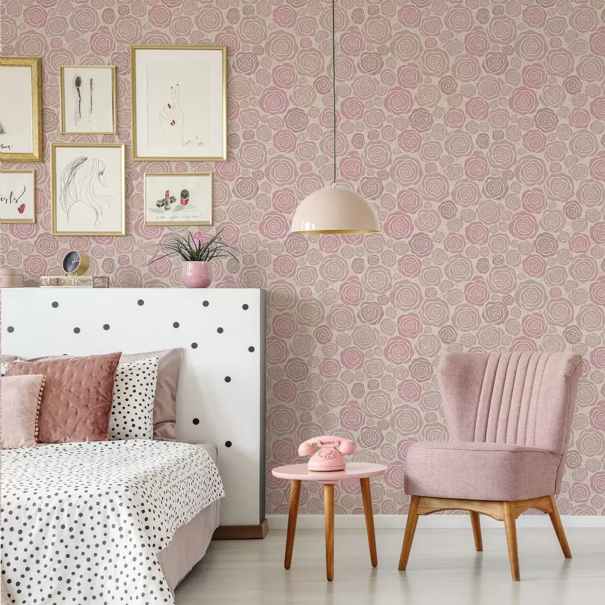 Wallpaper Trandafiri roz în spirală și stropi pe un fundal deschis a00955