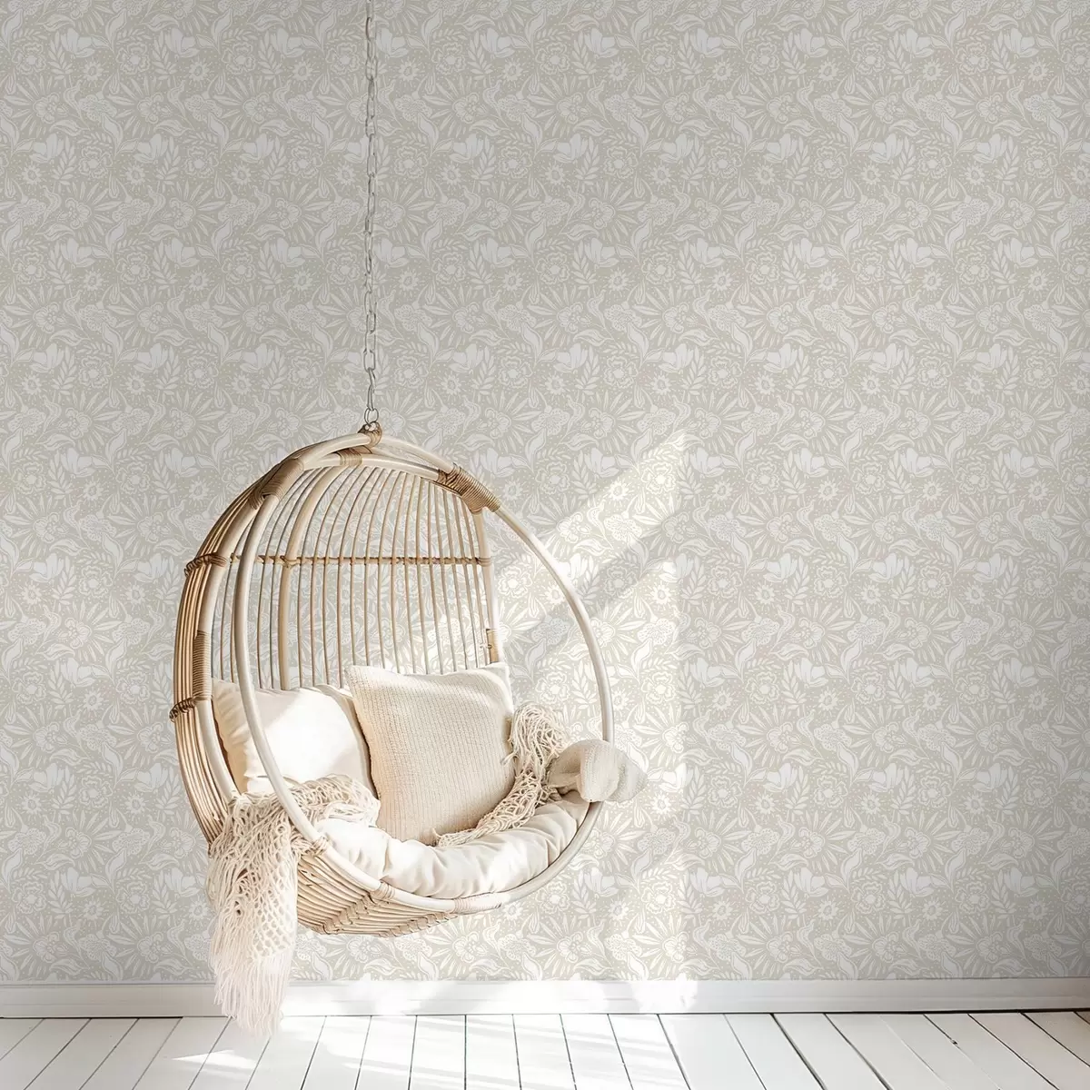 Wallpaper Ornament floral liniar alb pe fond bej a00956