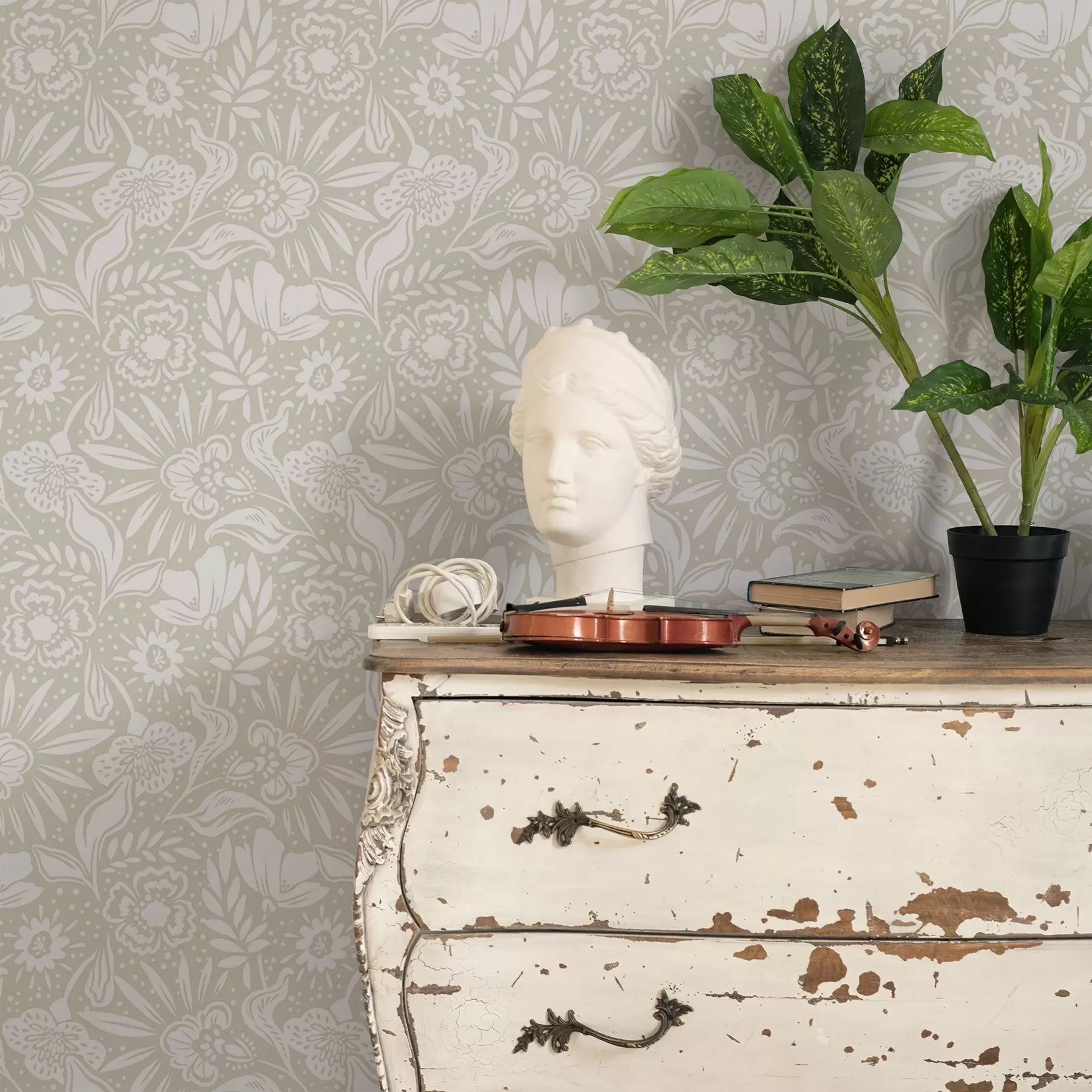 fototapet Ornament floral liniar alb pe fond bej a00956