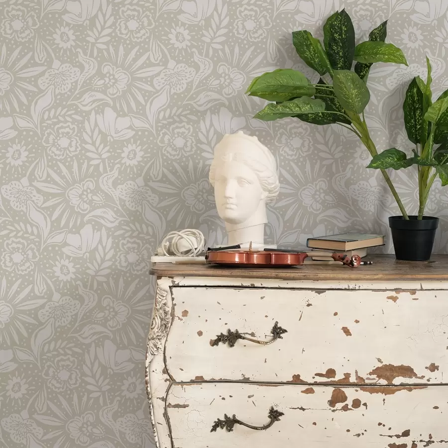 fototapet Ornament floral liniar alb pe fond bej a00956