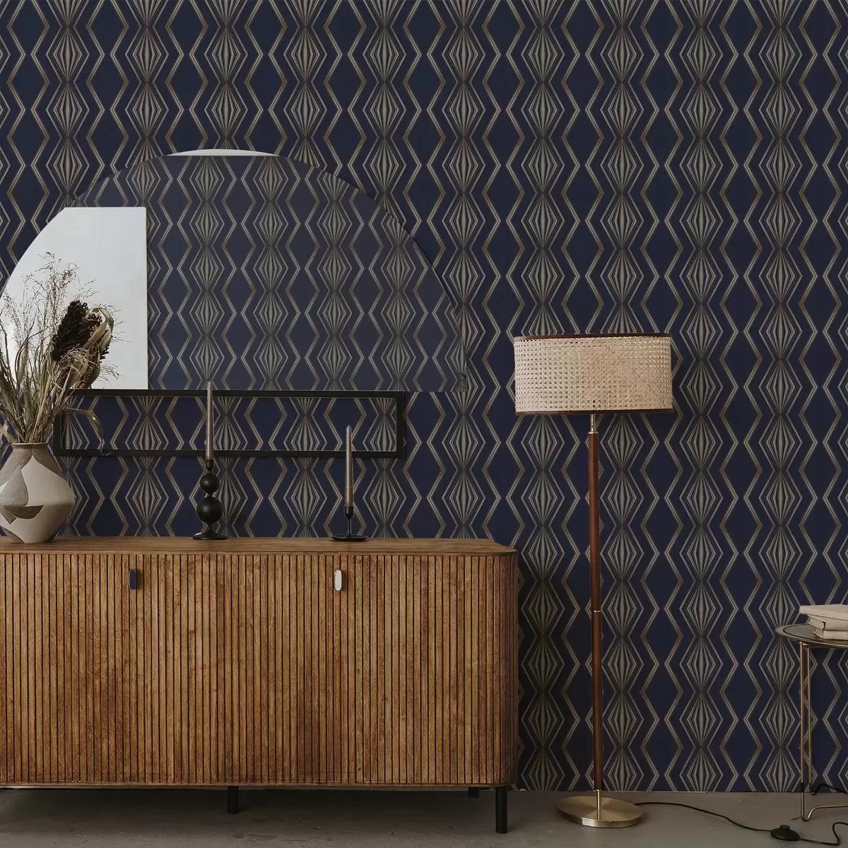 Wallpaper Fundal albastru închis cu romburi geometrice și zigzaguri a00974v2
