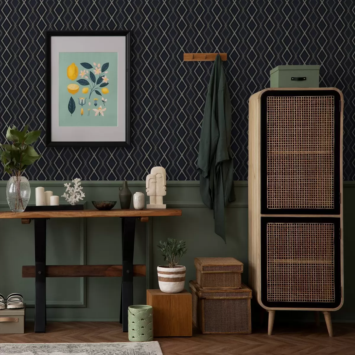 Wallpaper Rețea de romburi albastru închis cu linii subțiri deschise la culoare a00975