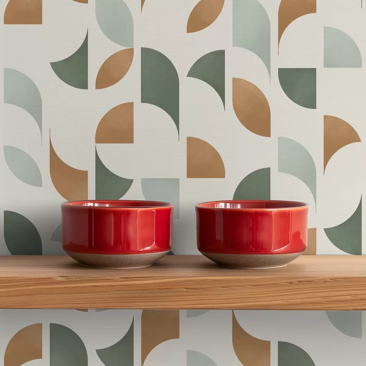 Wallpaper Semicercuri abstracte și frunze în verde și teracotă a00985