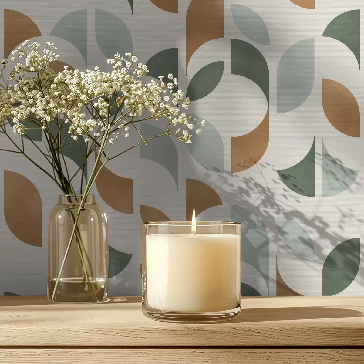 Wallpaper Coloane verticale din semicercuri și frunze, verde-teracotă a00986