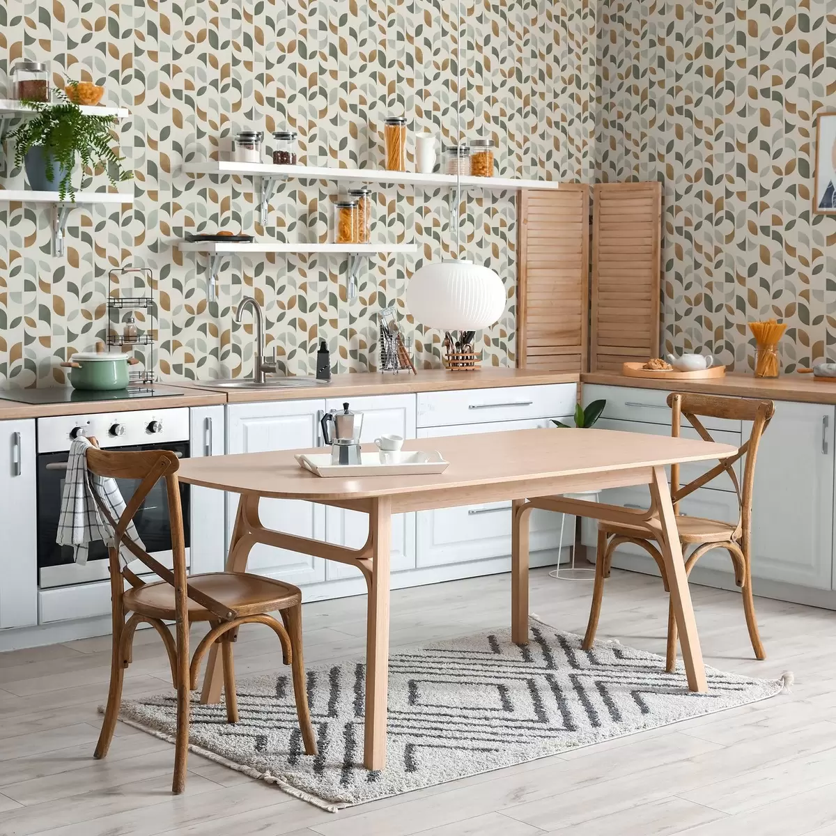 Wallpaper Coloane verticale din semicercuri și frunze, verde-teracotă a00986