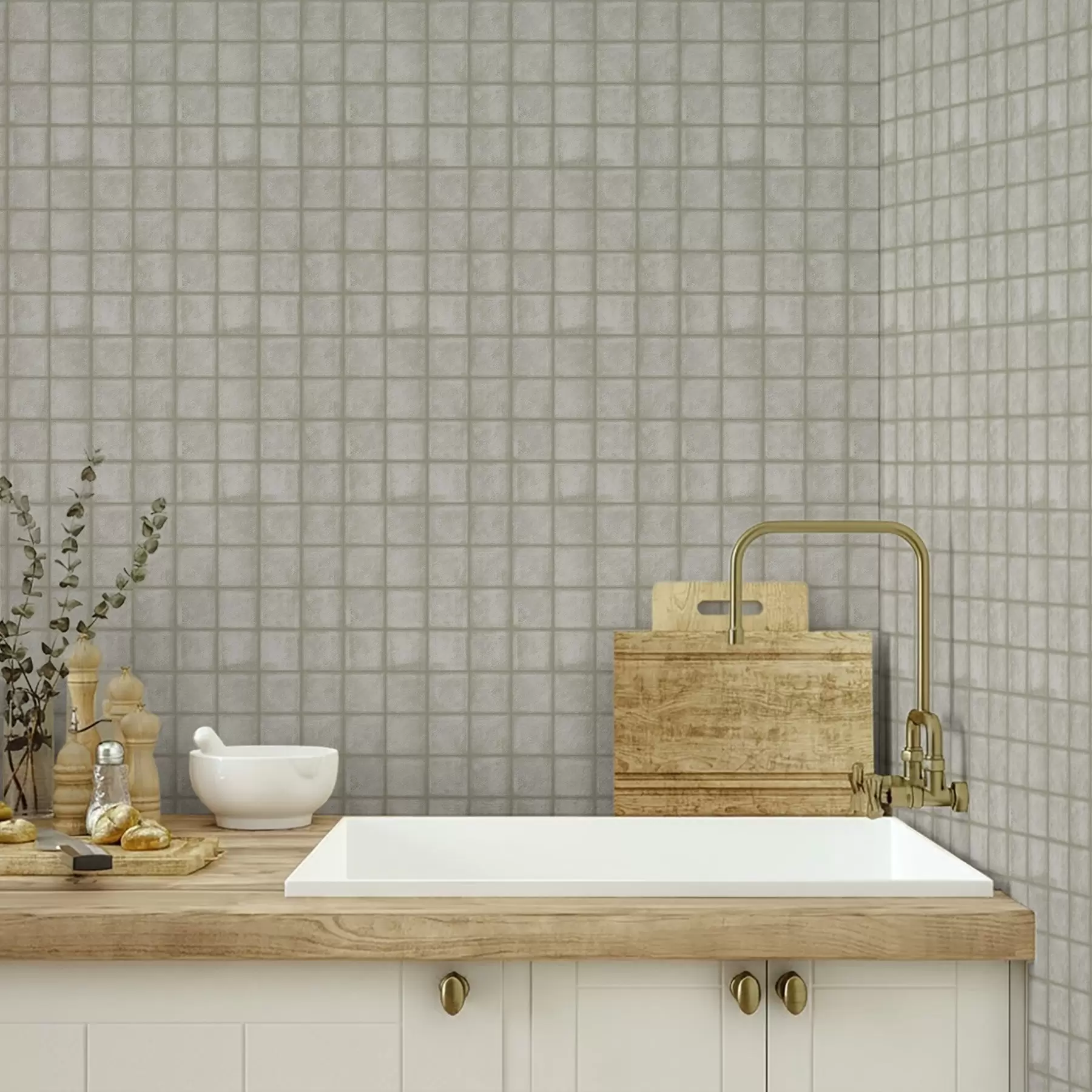 fototapet Imitarea plăcilor pătrate într-o paletă de culori delicate, gri-verde a00988