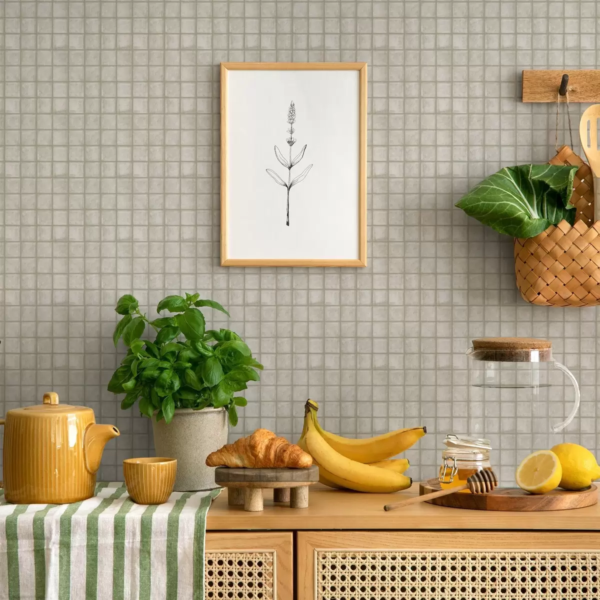 Wallpaper Imitarea plăcilor pătrate într-o paletă de culori delicate, gri-verde a00988