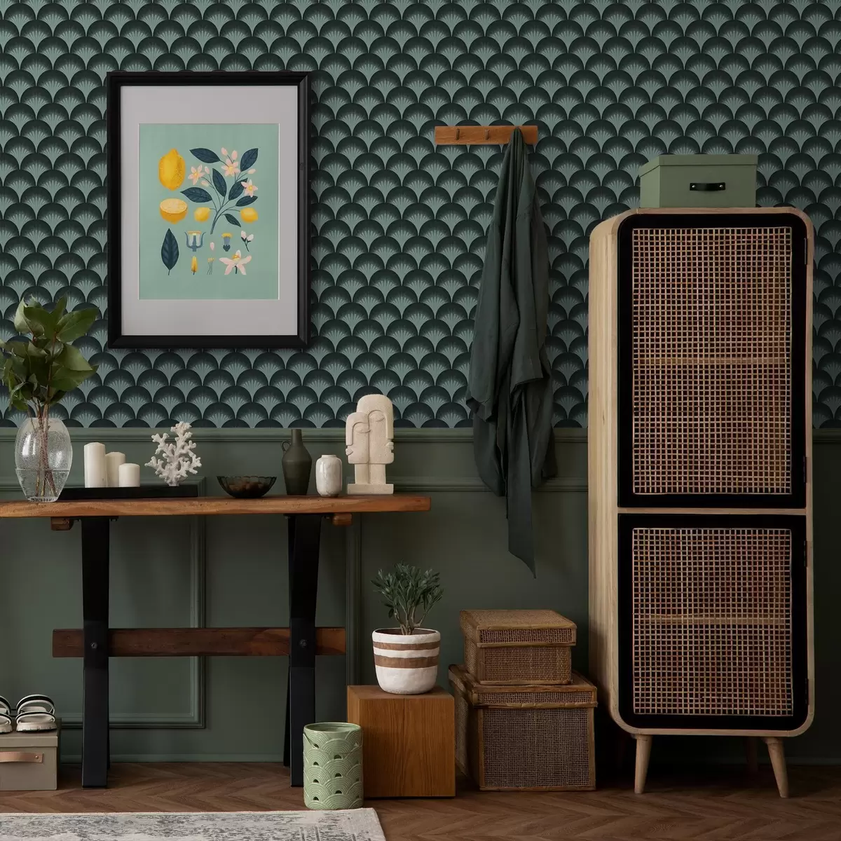 Wallpaper Evantaiuri contrastante în nuanțe de mentă pe un fundal aproape negru a00990