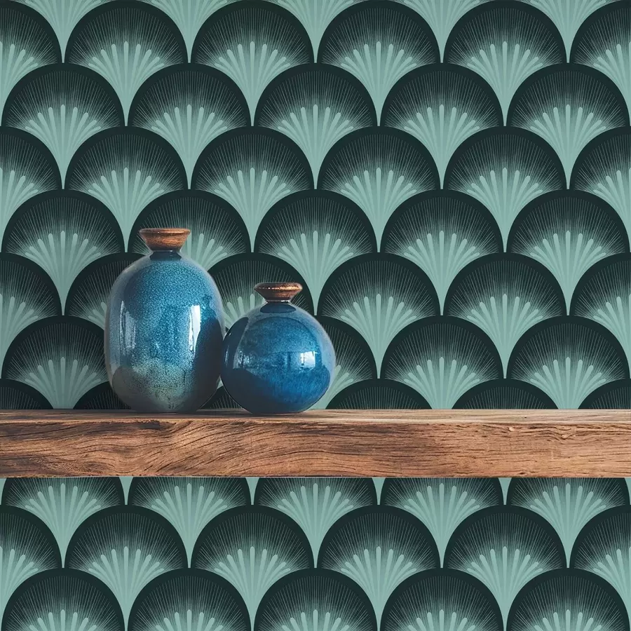 fototapet Evantaiuri contrastante în nuanțe de mentă pe un fundal aproape negru a00990