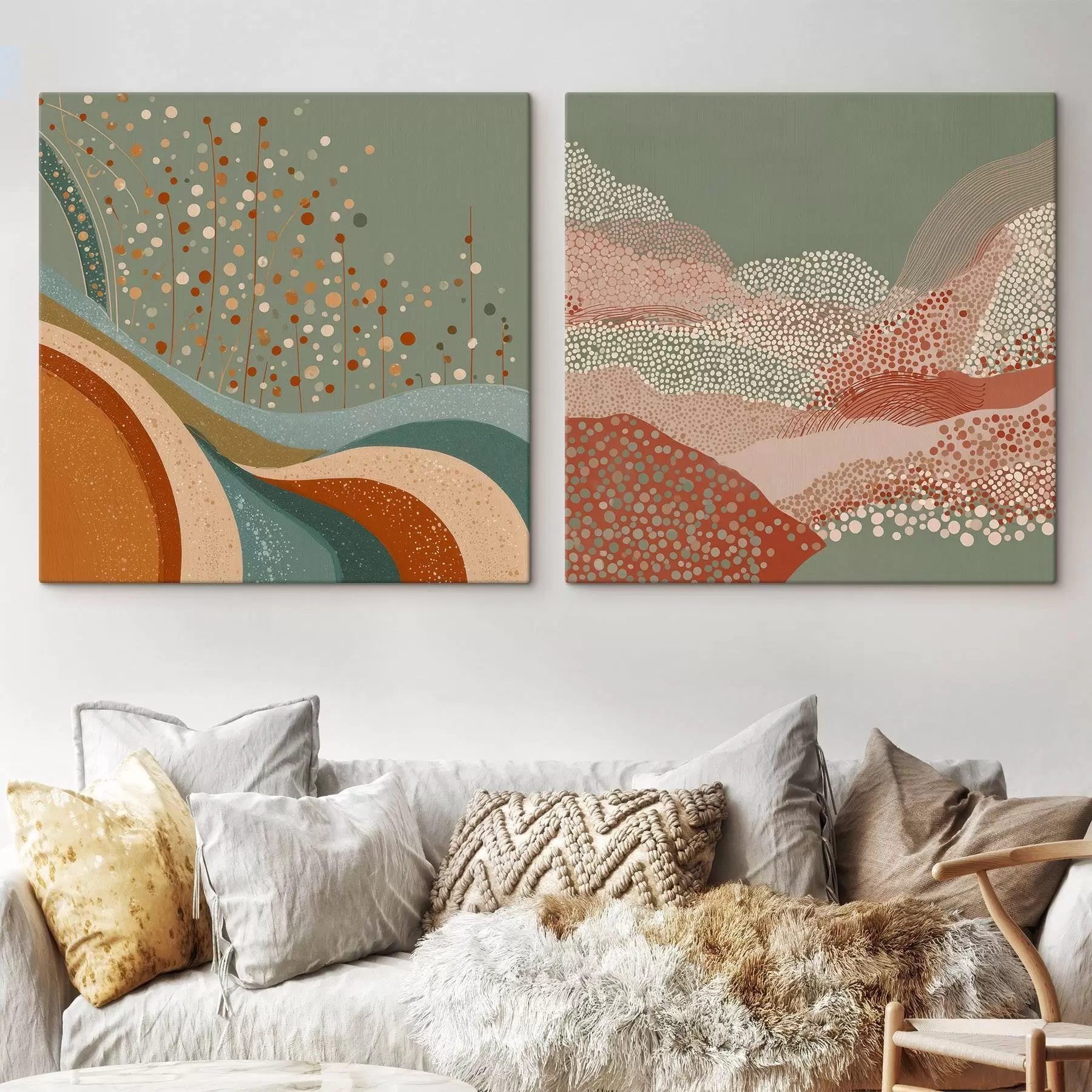 Tablouri Peisaj abstract în două părți, cu elemente punctate și ondulate m00987