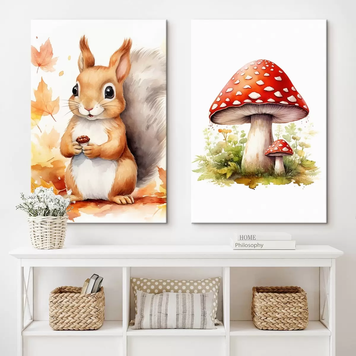 Tablouri Veveriță și ciupercă de pădure, ciupercă otrăvitoare, imitație de acuarelă m01049