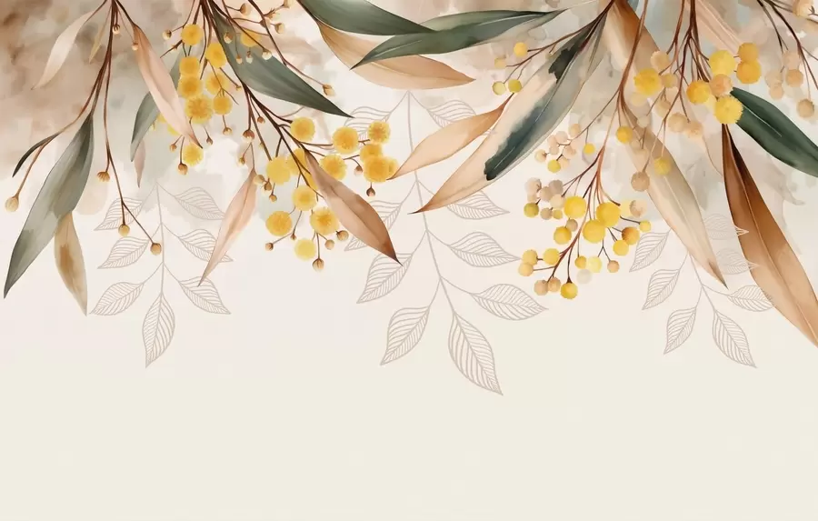 fototapet flori și frunze de mimoză căzând de sus în stil acuarelă w04880