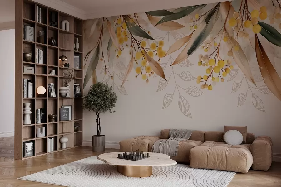 fototapet flori și frunze de mimoză căzând de sus în stil acuarelă w04880