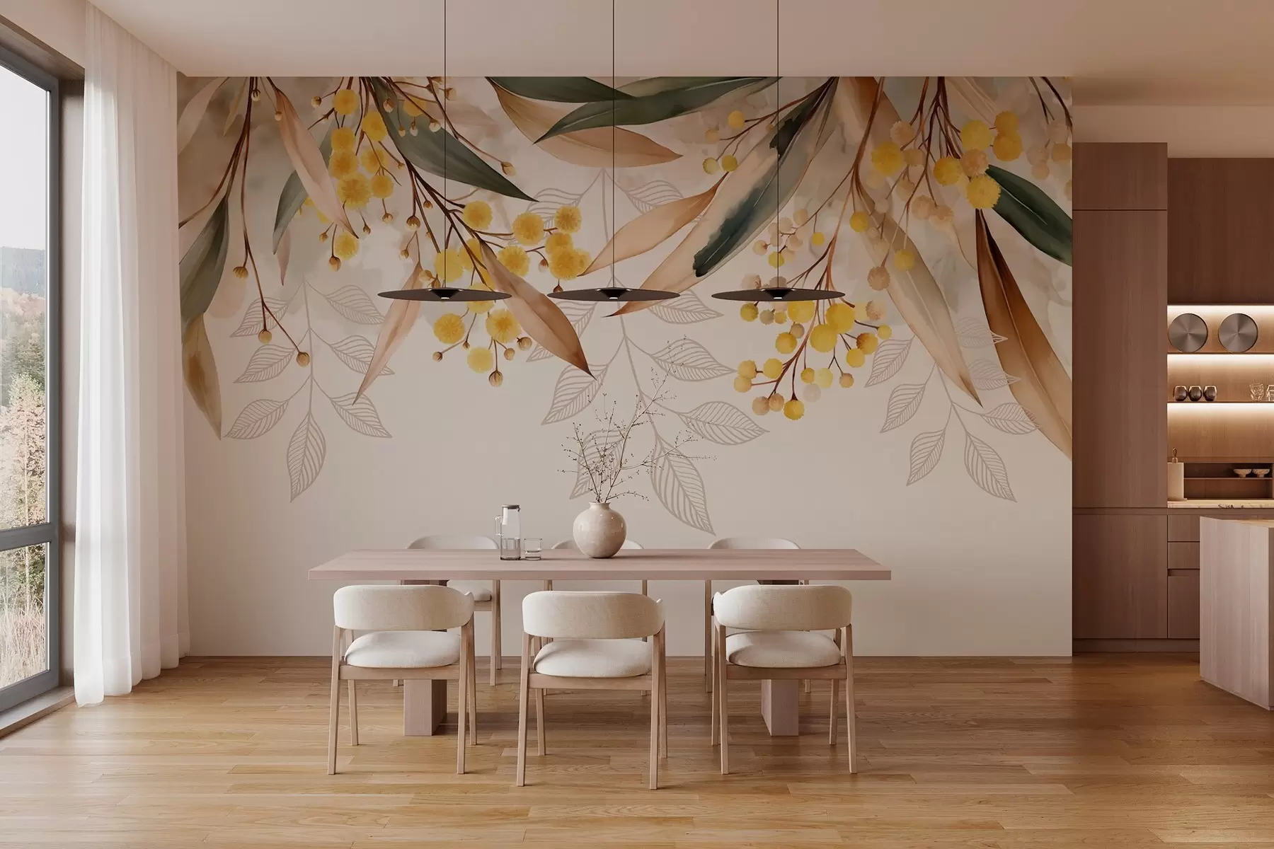 fototapet flori și frunze de mimoză căzând de sus în stil acuarelă w04880