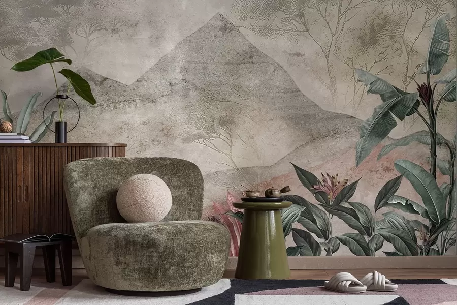 fototapet Frunze de bananier pastelate și flori tropicale pe fundalul munților w04933