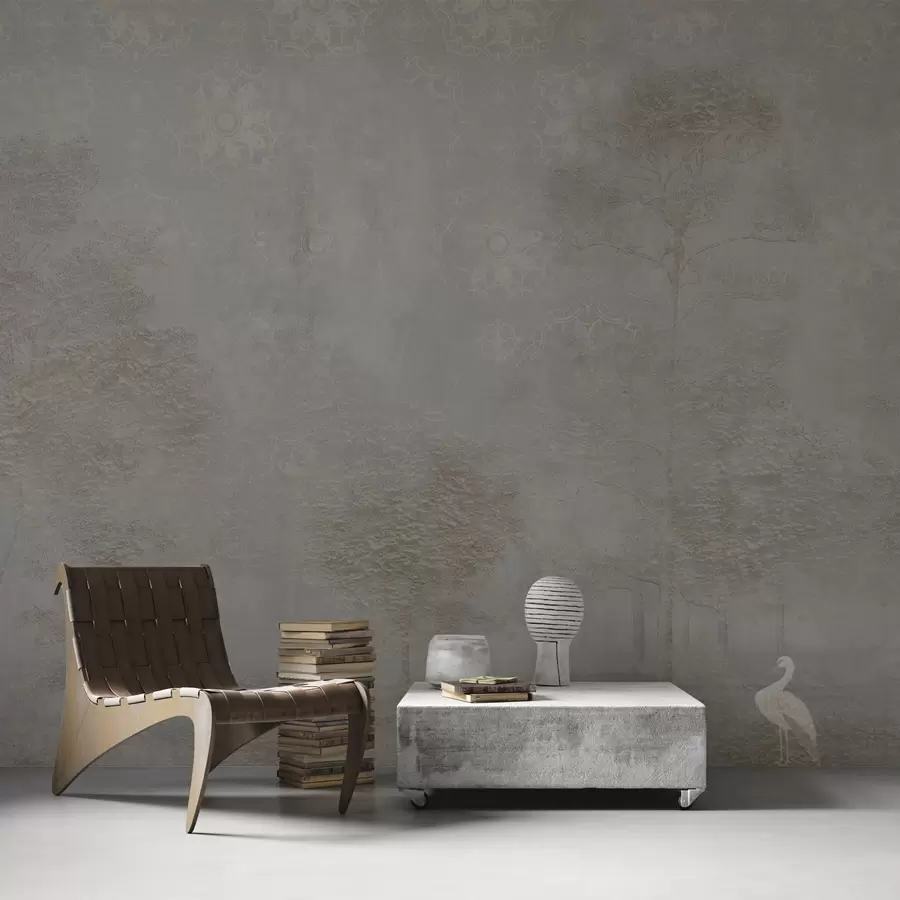 fototapet Pădure ceațoasă cu o stârcă și un model ornamental deasupra w04953v1