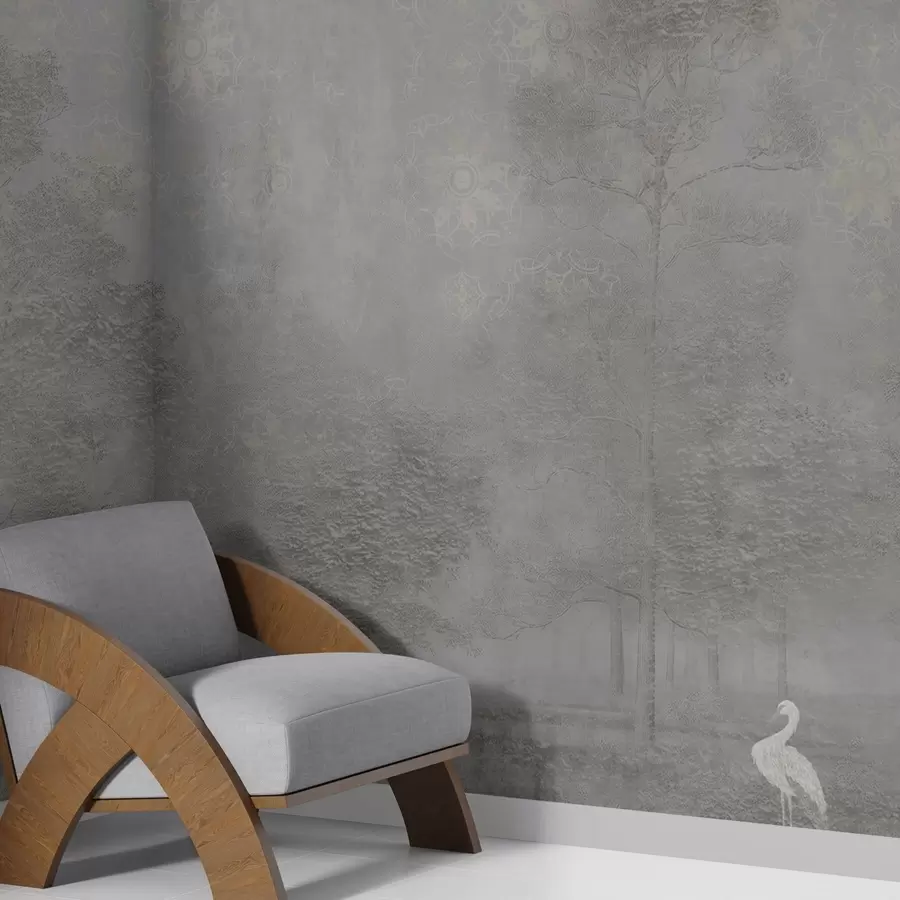 fototapet Pădure ușor încețoșată cu o stârcă în tonuri reci de gri w04953v2