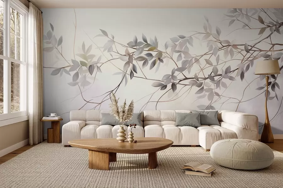 fototapet Ramuri cu textură delicată, cu frunze de culoare gri, violet și verde, pe un fundal moale și estompat w09336