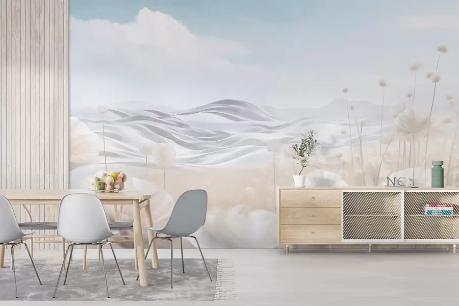 fototapet Câmp texturat de maci cremoși cu dealuri ondulate sub un cer albastru pal cu nori moi, culori pastelate w09553