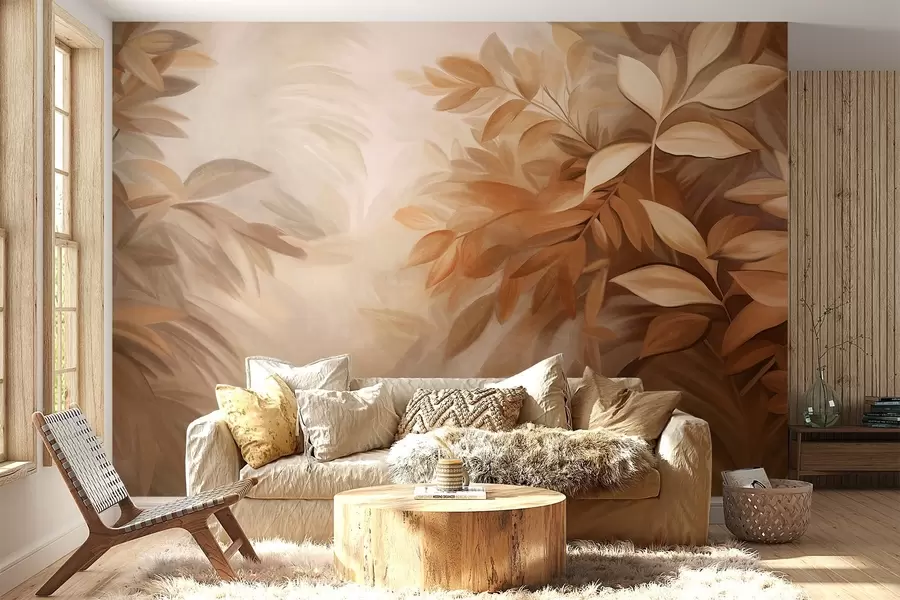 fototapet Frunze maro și bej, cu textură moale și estompată, într-un stil pictural cu tușe vizibile w09584