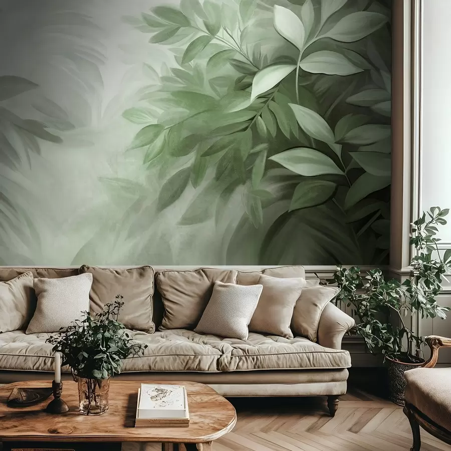 fototapet Frunze verzi și gri, cu textură moale și estompată, într-un stil pictural cu tușe vizibile w09584v1