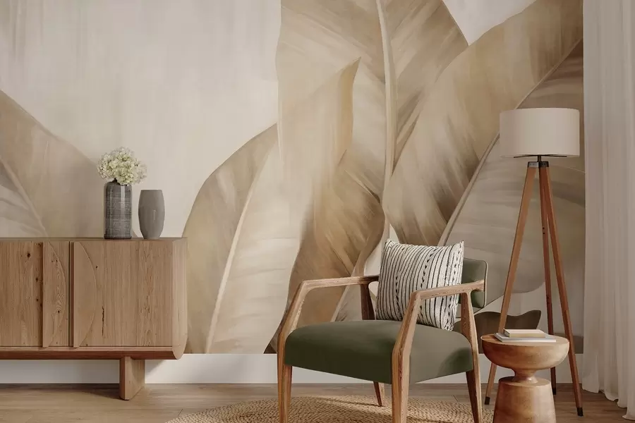 fototapet Frunze mari de bananier, maro deschis, cu textură, pe un fundal bej deschis, cu o estetică delicată și minimalistă w09586