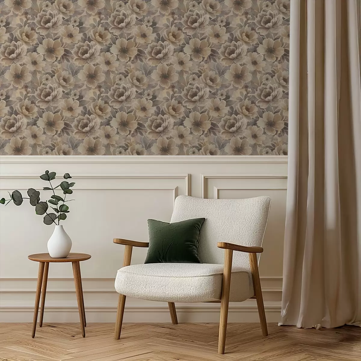 Wallpaper Flori picturale de culoare bej pe un fundal abstract fumuriu a00884